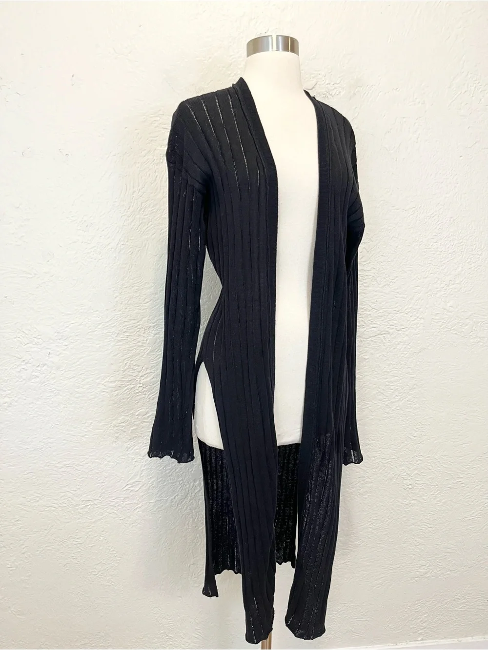 Free People Black Duster Cardigan Ribbed Boho Bohemian Festival Hippie Medium M